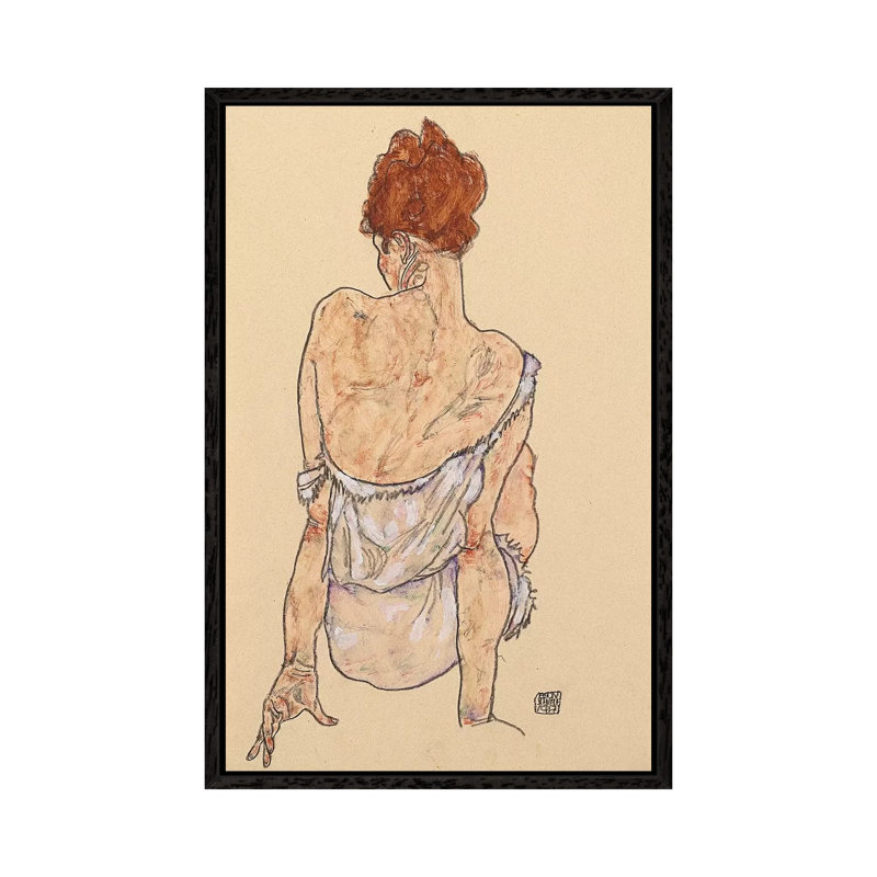 Seated Woman In Underwear, Rear View, 1917 by Egon Schiele - Painting on Canvas, 101.6cm H x 66.04cm W x 3.81cm D