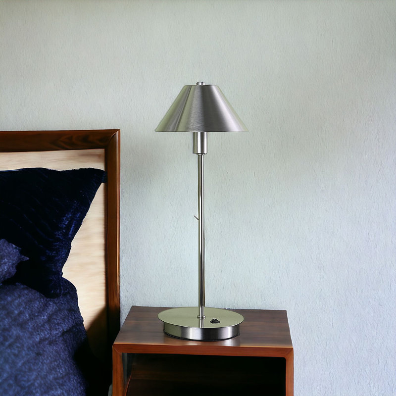 18"  Metal Bedside Table Lamp With  Cone Shade, Silver