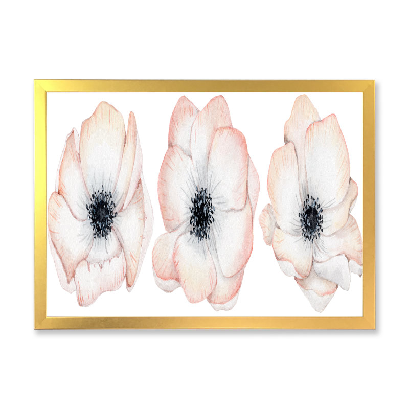 Aquarelle, anémone et fleurs roses - Peinture sur toile, H 12 po x l 20 po, Cadre doré à coins fermés