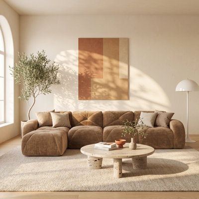 Canapé modulaire 4 places sans structure avec pouf amovible, canapé de sol en velours capitonné, mousse haute densité 32D, livré monté, couleur camel