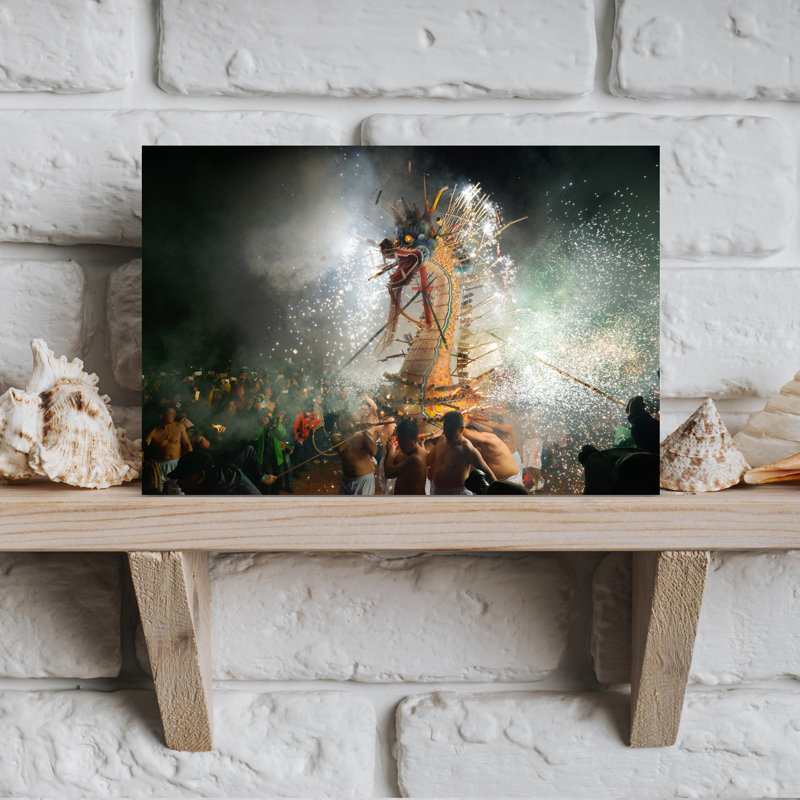 Dragon, feux d'artifice, célébration, art mural traditionnel, 12" H x 18" W