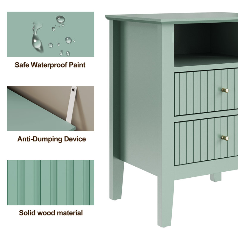 Philomena 2 Drawer Nightstand, Green without charge station