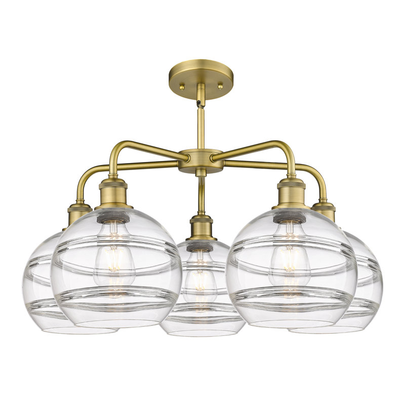 Lustre rond / ovale à abat-jour 5 lumières, Transparent, H 15,38 po x l 26 po x P 26 po, Laiton brossé