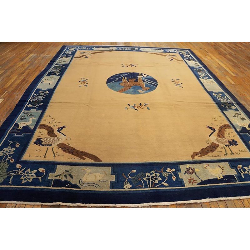 Knotted Antique Ivory 1920s Wool Room Size Chinese - Peking Rectangle Rug