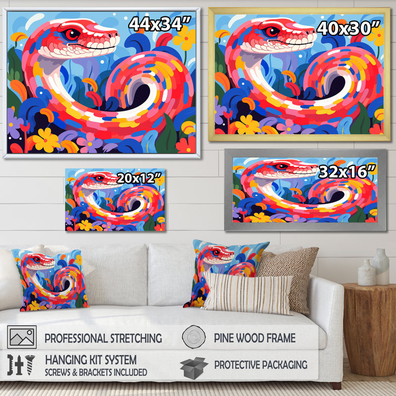 Popart Snakes Grace - Art mural animal serpent, Cadre doré à coins fermés, H 34 po x l 44 po x P 1,5 po