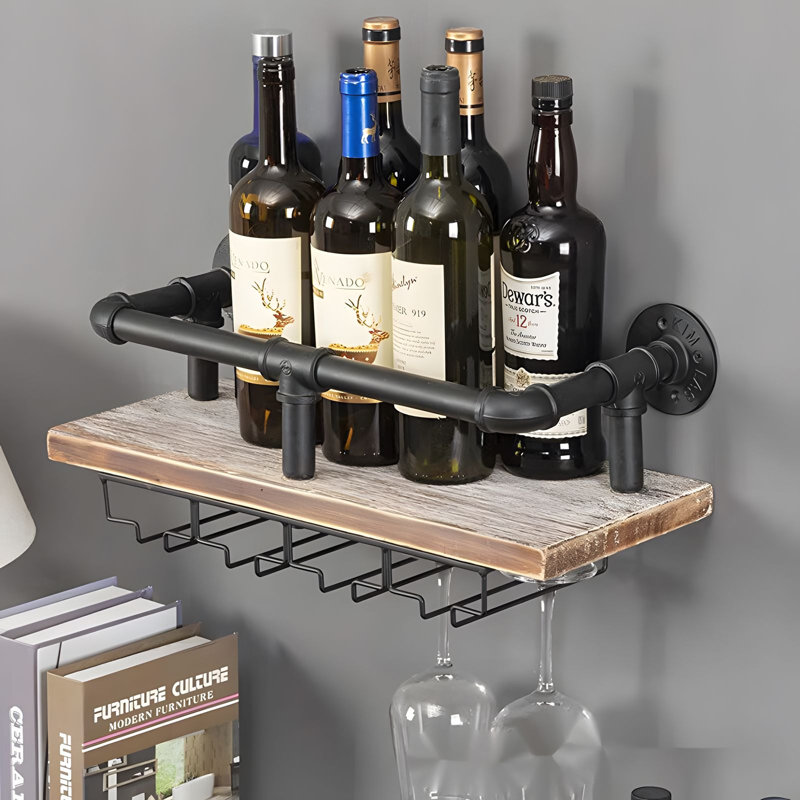 Wall Mounted Wine Rack Wooden Rustic Wine Bottle Glass Floating Shelf With Stemware Holder Modern Plant Photo Wine Display Storage Rack For Kitchen Dining Room Bar