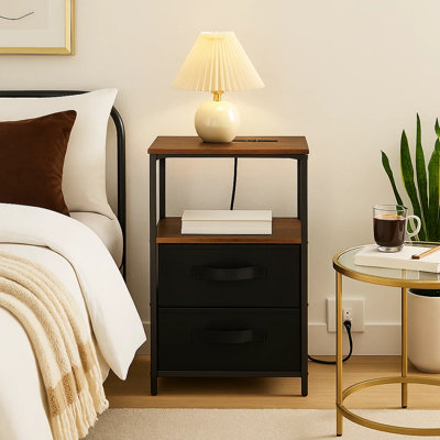 Nightstand With Usb Port, Power Outlet And Fabric Storage Bag – End Table With Shelf And Fabric Drawers For Bedroom Or Small Spaces In Brown