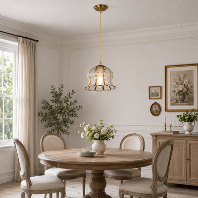 Gold 1-Light Floral Glass Pendant Light, Scalloped Textured Glass Shade Hanging Light with Adjustable Cord and E26 Warm Bulb