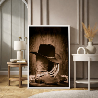 Western Cowboy "Vintage Brown Boots And Hat Artwork, Rustic Southwest Wall Pictures, Large Framed Canvas Giclee Print Wall Art"