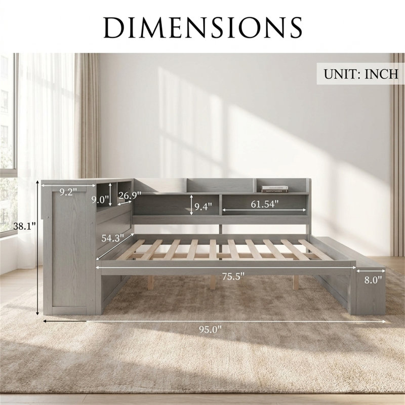 Structure de lit double pleine grandeur avec compartiments de rangement, étagère à chaussures et ports USB, convenant à la chambre à coucher