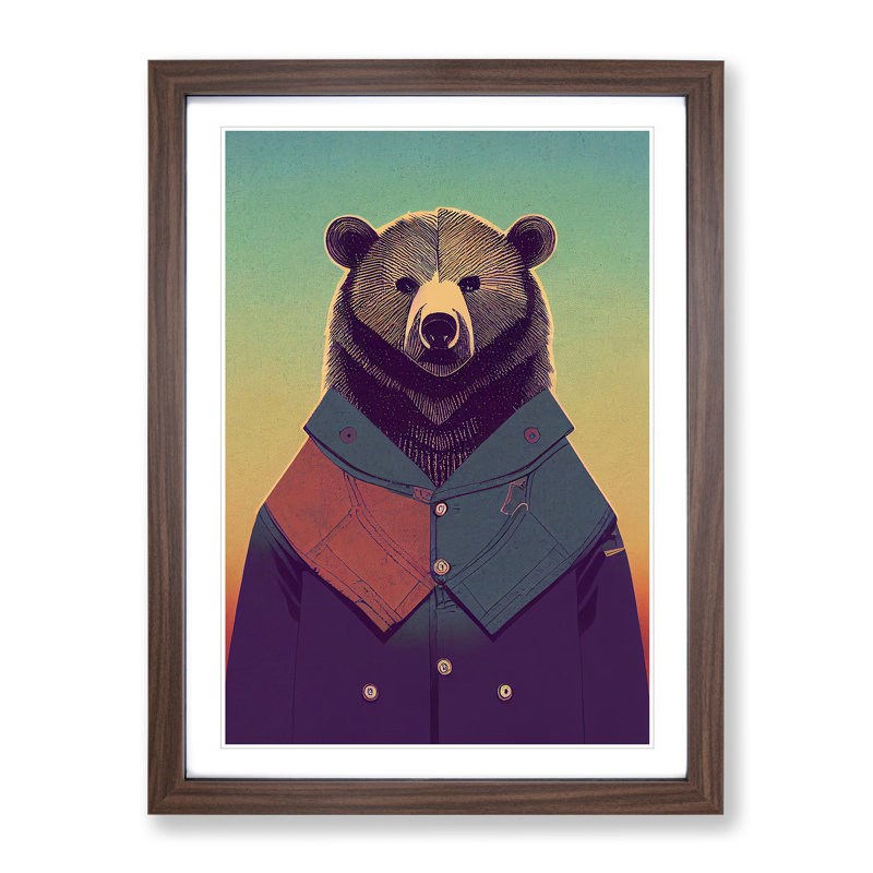 Bear With Jacket No.1 - Wall Art, 48cm H x 36cm W, Walnut Framed Paper, White