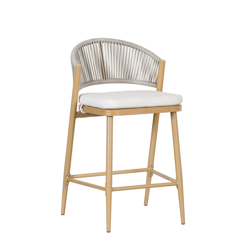 Maple Finish Aluminum and Rattan Outdoor Counter Stools with Cushions, Set of 2