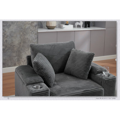 Canapé rembourré en velours côtelé avec rangement pour main courante, repose-pieds mobile, porte-gobelets et coussins amovibles