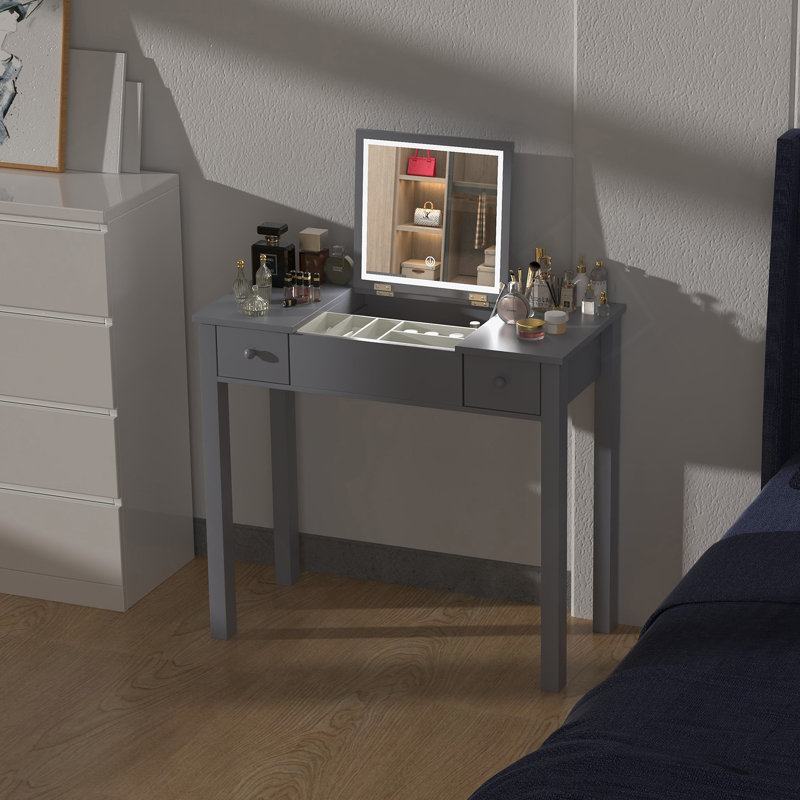 Élégante coiffeuse grise avec lumières DEL, miroir rabattable et 2 tiroirs, rangement pour bijoux pour femmes, Gris