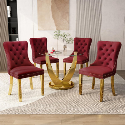 38.9" Round Glass Dining Table Set for 4, 5-Pieces Modern Round Dining Table Set, Clear Glass Dining Table Set with 4 Velvet Upholstered Chairs, for Dining Room, Kitchen, Apartment