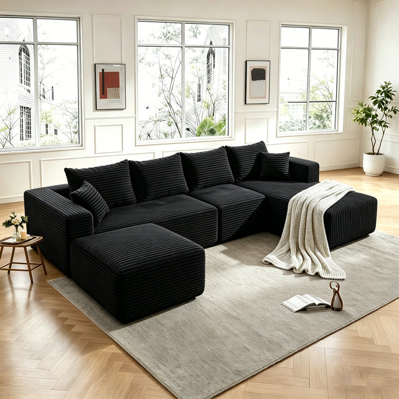 118"Corduroy U-Shape Modular Sectional Sofa,No Assembly Required Compressed Cloud Couch with Ottoman & Right Facing Chaise for Living Room,Black