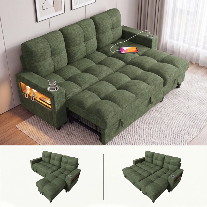 Canapé-lit modulaire en chenille 83 po avec méridienne réversible 83 po, accoudoir de rangement et ports de charge, vert