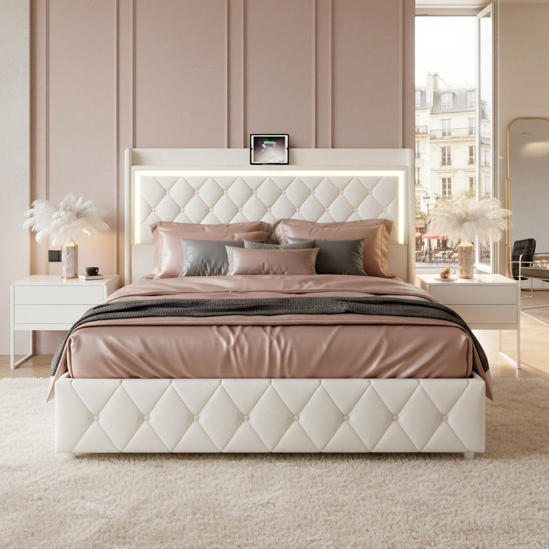 Velvet Storage Bed With 4 Drawers & LED Headboard, Upholstered Frame With USB-C Port, European Double & King, Beige