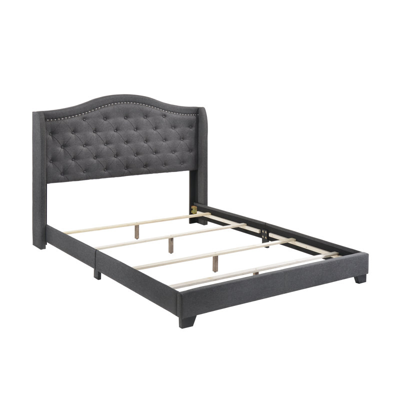 Elegant Blue Queen Bed with Tufted Upholstered Headboard and Nailhead Trim