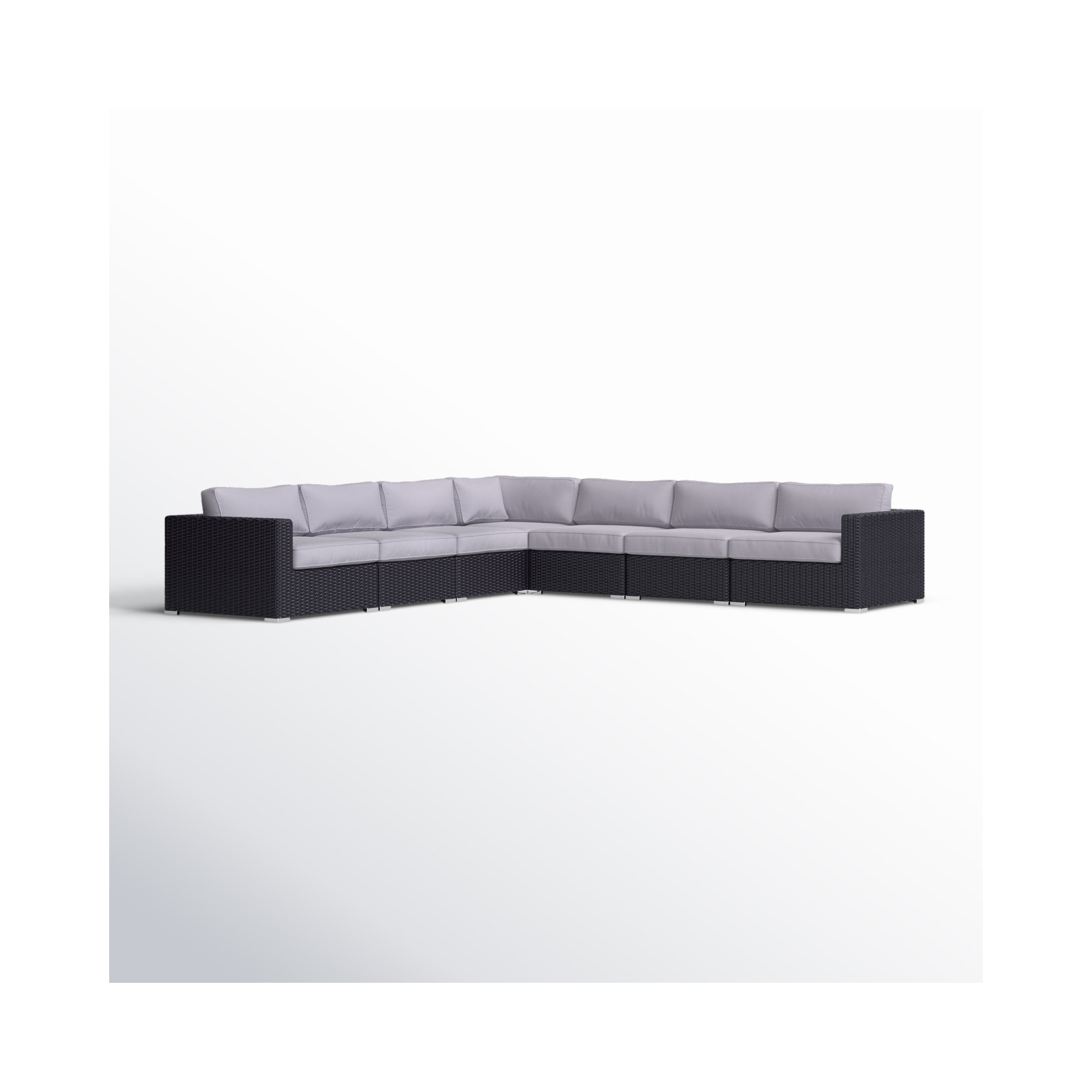 Foxtrot Fully Assembled 122'' Wide Outdoor Wicker Patio Sectional with Cushions, Olefin Gray Cushion/Black Frame