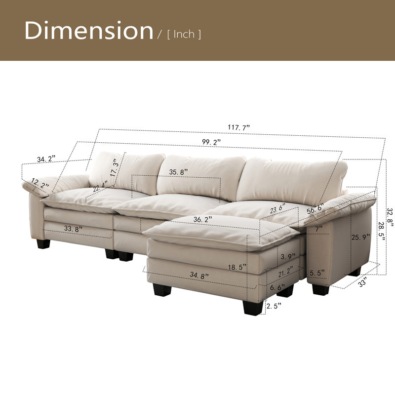 Canapé modulaire de luxe avec repose-pieds, Velours beige