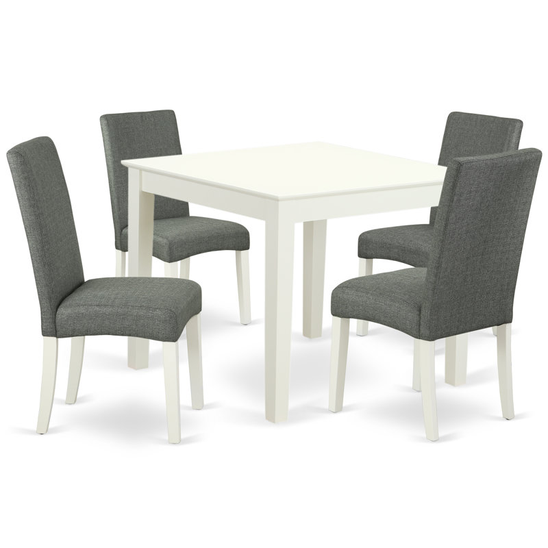 5 Piece Modern Dining Table Set Includes a Square Wooden Table and 4 Gray Linen Fabric Upholstered Chairs, Linen White, Gray