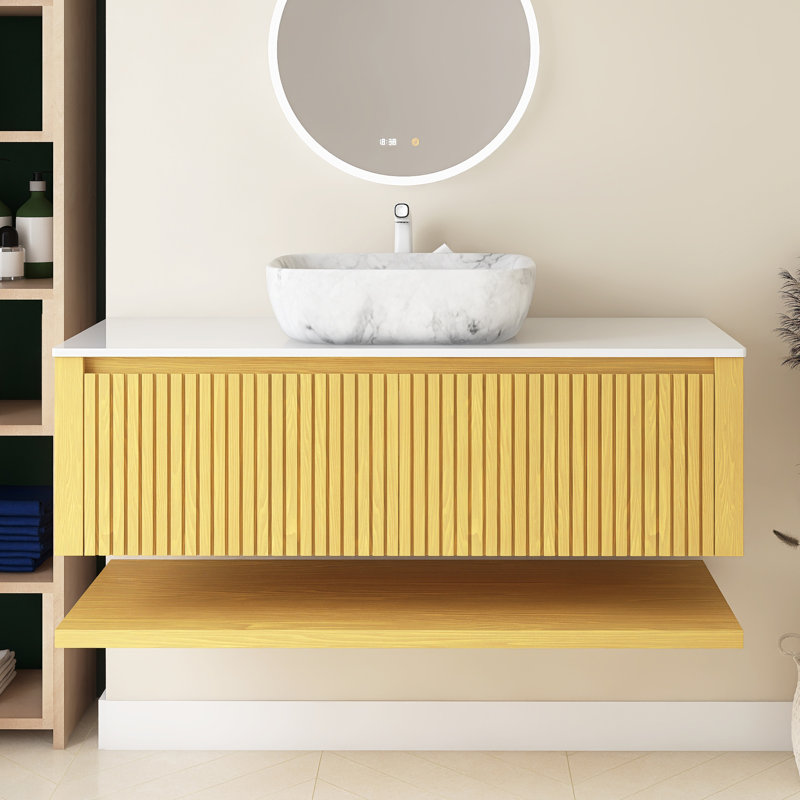 Meuble-lavabo et lavabo 48 po, armoire en contreplaqué flottant (chêne Corolla), cuve en céramique de marbre, plateau fritté blanc, pré-assemblé