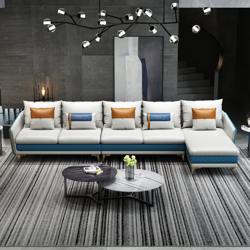 Ellaville Upholstered Sectional, Right Hand Facing, Off White/Blue Genuine Leather