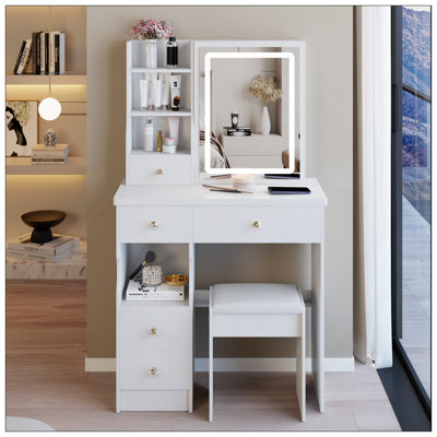 Petit meuble-lavabo de 29,2 po avec tabouret de bureau et tabouret rembourré à gauche 29,5 po, grande commande tactile, interrupteur tricolore, miroir à luminosité réglable, rangement à grande capacité, convient aux petits espaces