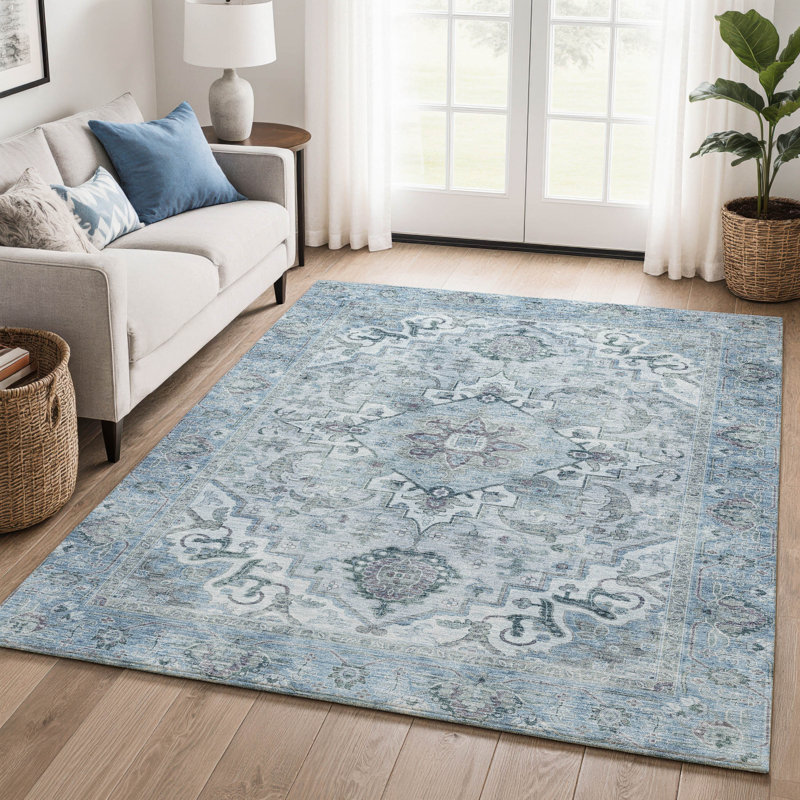 Premium Machine Washable Mayfield AMF2164 global Rug, Sky, Rectangle 9' x 12'