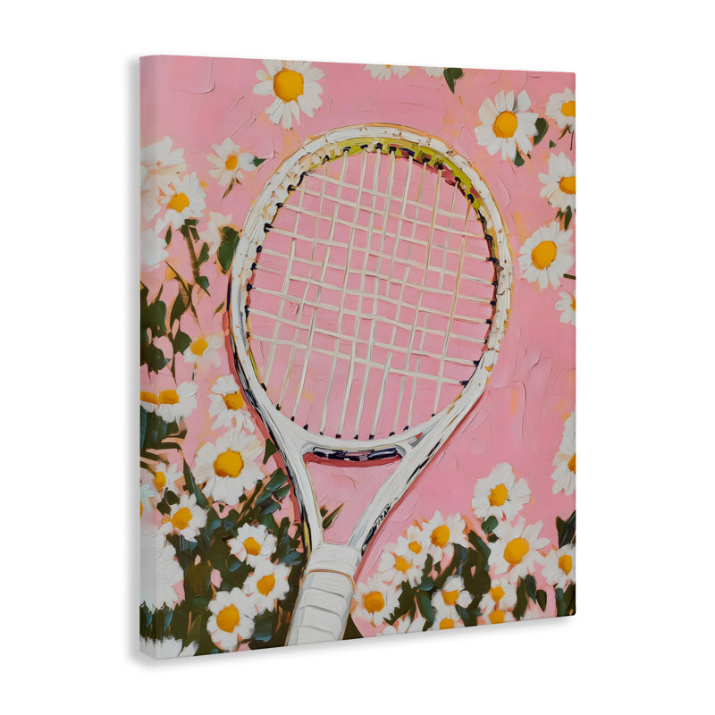Toile rose avec raquette et marguerites de tennis, design par LSR Design Studio, H 20 po x l 16 po