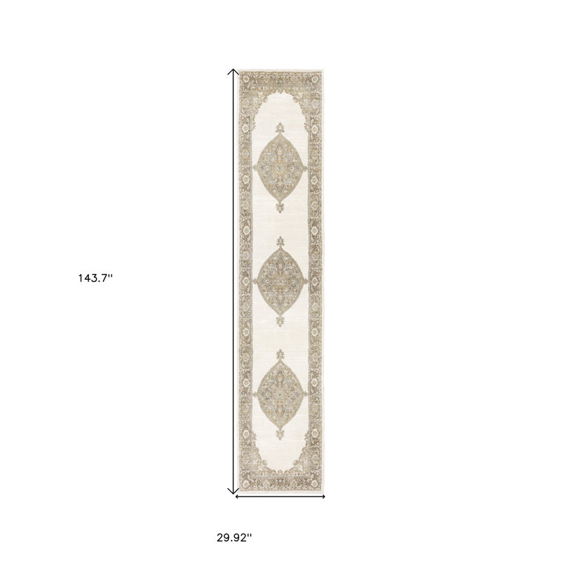Tapis de couloir oriental tissé à la machine beige et ivoire 2 pi x 10 pi