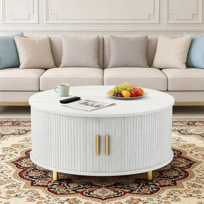 Round Coffee Table with Storage, 31.5" Mid Century Modern Coffee Table with 360° Curved Sliding Door