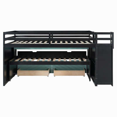 Full XL Loft Bed with Pull-Out Desk and Twin Trundle, Multi-Functional Bunk Bed with 2 Storage Drawers and Storage Steps, Space-Saving Gaming & Workstation Bedframe, Black+Blue