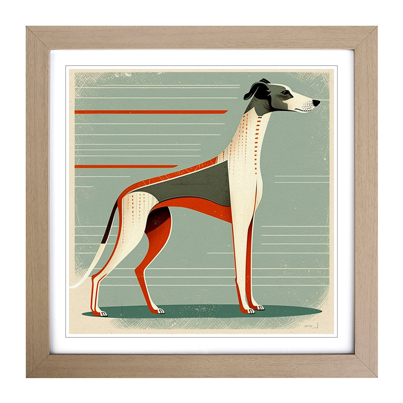 Greyhound Dog Mid-Century - Single Picture Frame Print on Wood, Oak