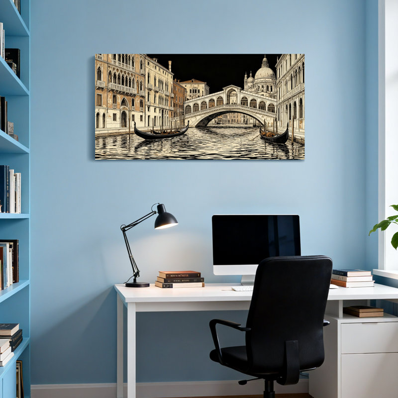 Paysage et nature, pont de Venise, gondoles, bâtiments aquatiques, ciel nocturne, H 16 po x l 32 po