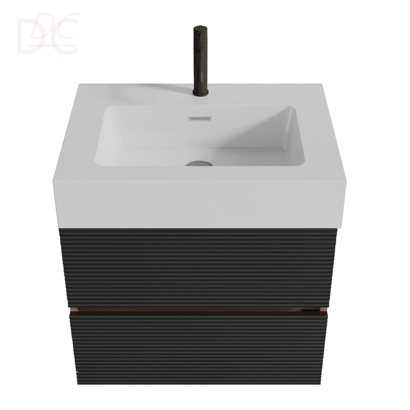 Meuble-lavabo 24 po avec lavabo à quartz et tiroirs noirs doux, meuble-lavabo mural flottant pour salle de bain moderne, lavabo une pièce sans drain ni robinet