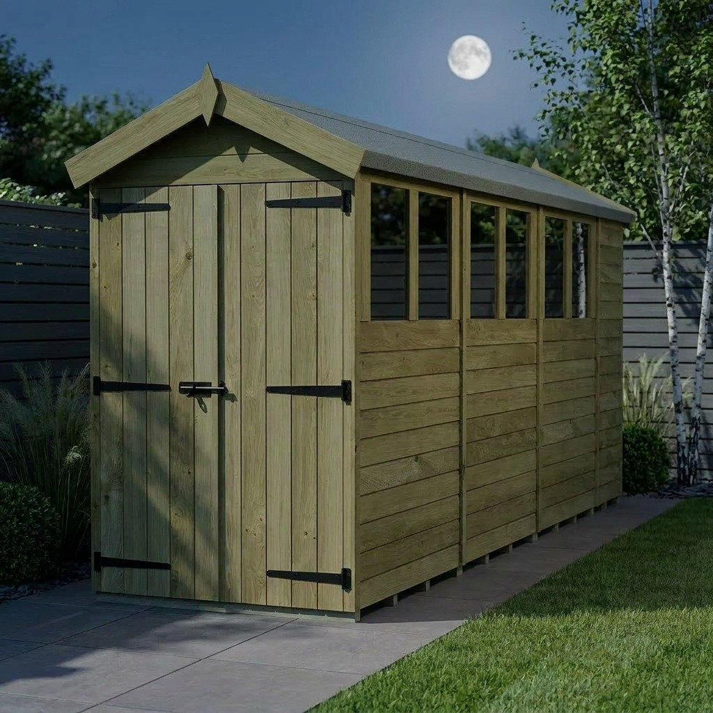 Total Sheds 4ft x 15ft Apex Garden Shed - Double Door - With Windows - Pressure Treated Timber - UK Manufactured