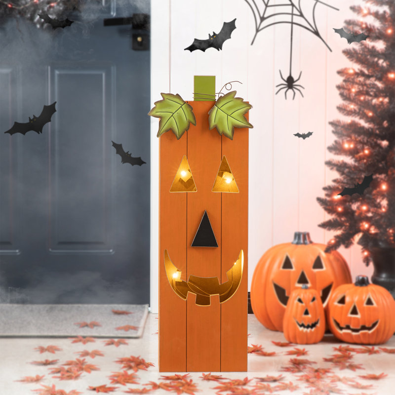 Décoration d'Halloween illuminée citrouille en bois