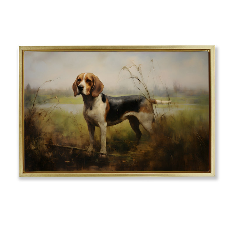 Toile flottante encadrée grise Beagle Dog par Petal Prints Design, Cadre flottant métallique doré, H 21 po x l 31 po