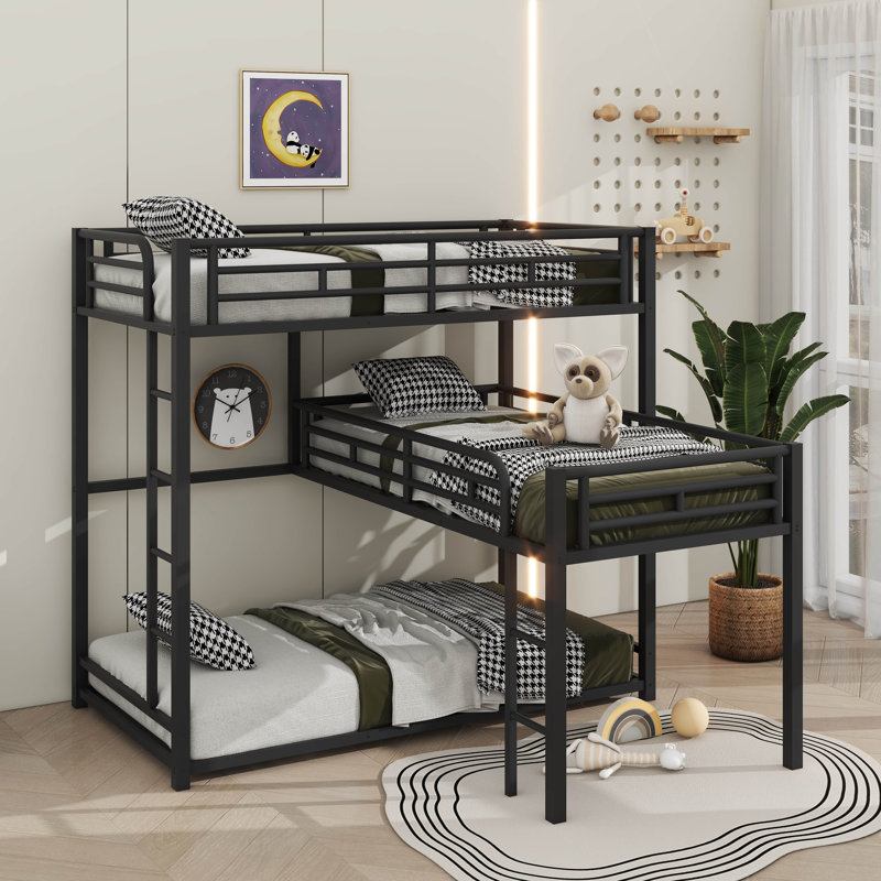 L Shaped Metal Triple Twin Size Bunk Bed
