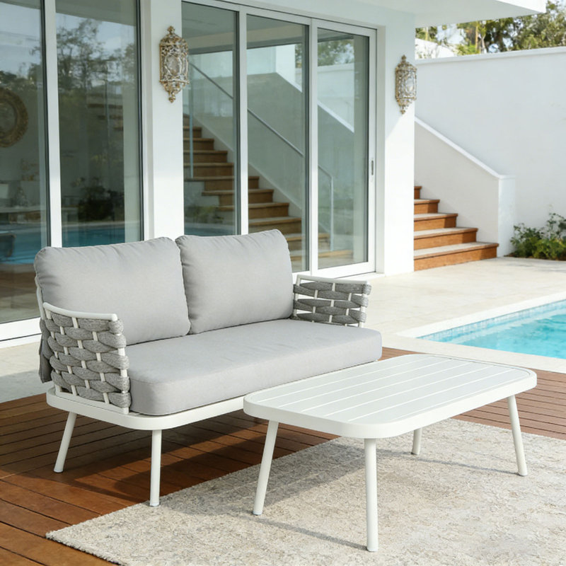 Causeuse et table en acier, Blanc cassé + gris