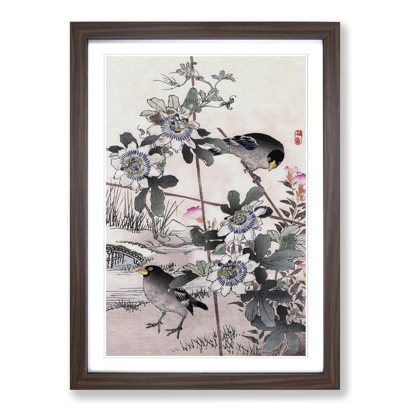 Birds in the Garden by Kono Bairei - Picture Frame Painting Print, 36cm H x 27cm W x 2cm D, Walnut Framed
