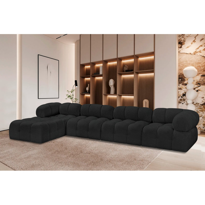 Ames Upholstered Sofa, Black Boucle Fabric, 2 Armless, 2 Corner, 1 Ottoman