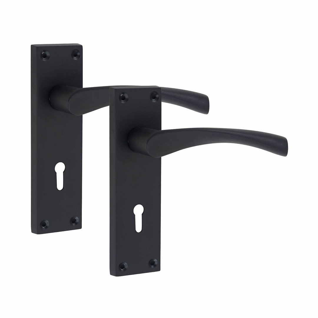 1 Set Victorian Scroll Astrid Door Handles Lever Lock in Matt Black with 64mm 3 Lever Lock - 150mm x 40mm Backplate