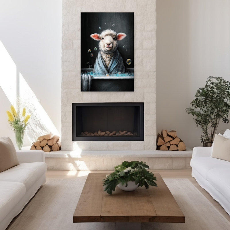 «Sheep In Bathtube 1», art mural contemporain, H 48 po x l 32 po