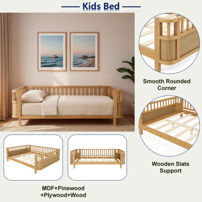 Lit pour enfant à profil bas avec coin arrondi lisse et support en lattes de bois