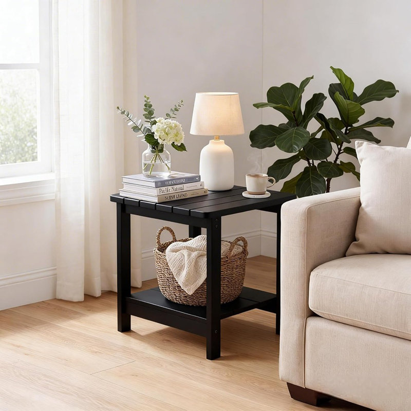 Table d'appoint extérieure à 2 niveaux, table de bout de patio HDPS pour porche, terrasse, cour, jardin, bord de piscine et plage, facile à assembler (noir)