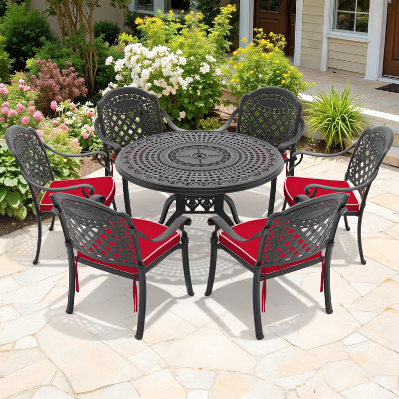 Ensemble de 7 pièces de mobilier de patio en aluminium coulé avec cadre noir et coussins de siège rouges