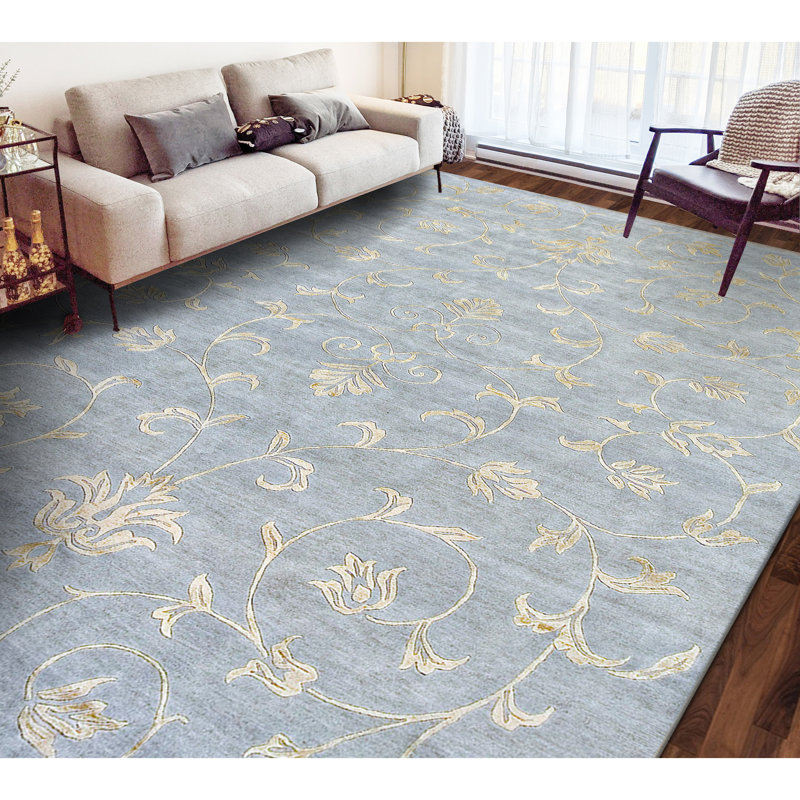 Tapis bleu clair et doré de haute qualité noué à la main